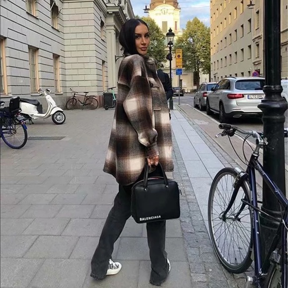 Boyfriend Fit Plaid Jacket Coat Brown Trucker - Picture 5 of 16